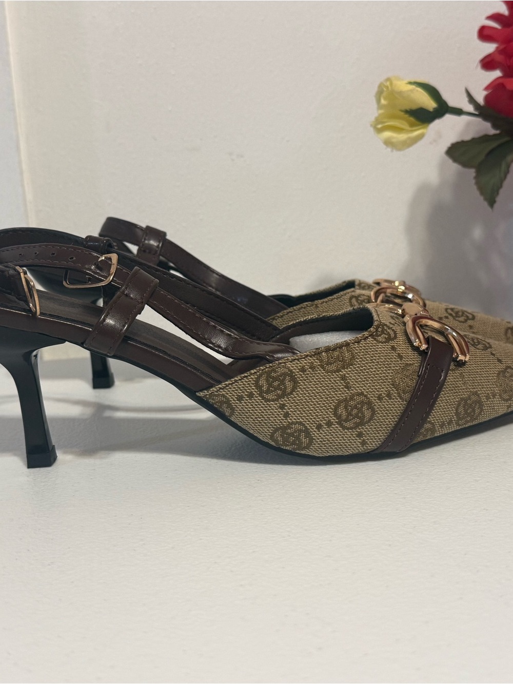 Monogram Canvas Pointed Slingback Heels in Brown
